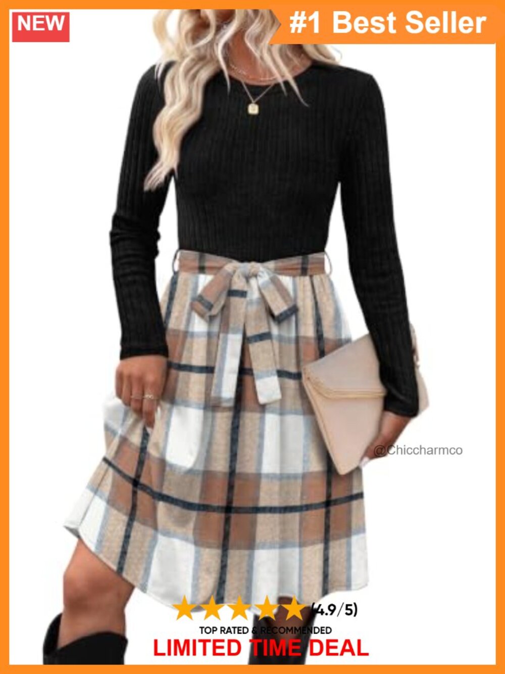 Long Sleeve Rib Knit Sweater Dress with Pockets Midi A-Line